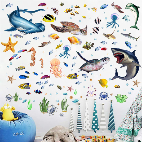 Ocean Wall Decals Under The Sea Fish Nursery Fjernbar Peel and Stick Art for Kids Baby Soverom Stue Bad