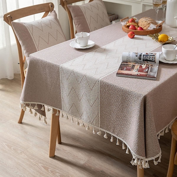 Rektangulära och kvadratiska bordsdukar för matbord, stickad broderi, texturerad tofs, dekorativ avlång bordsduk i bomullslinne för kök, matsal, picknick (140