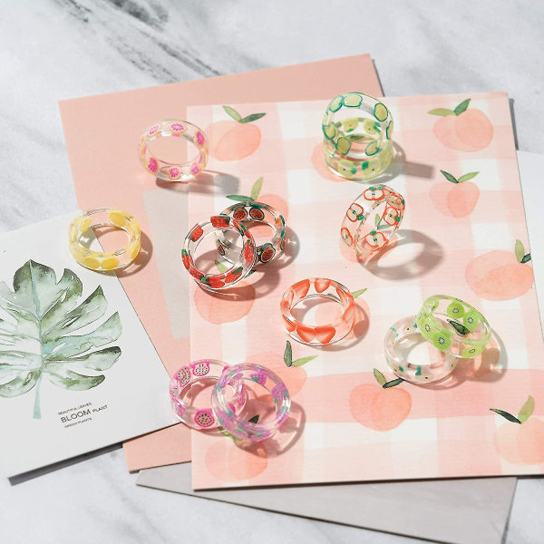 12 stk Harpiks Frukt Ringer Sett Søt Pitaya Jordbær Eple Vannmelon Sitron Kiwi Drue Grapefrukt Harpiks Transparent Ring