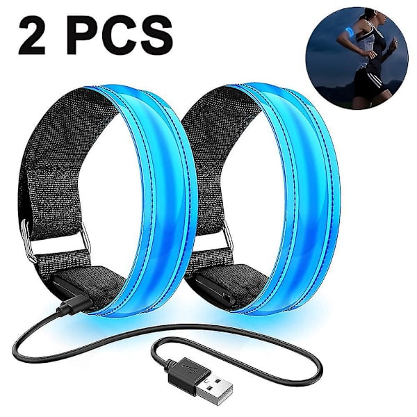 2 stk. løbelys til løbere genopladelig LED-armbind reflekterende blå