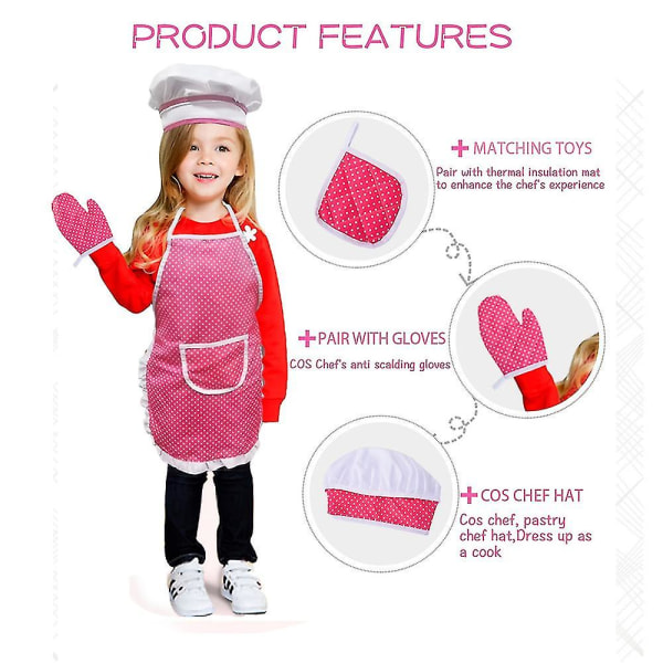 Bagetøjssæt til børn,pink kokkesæt Køkkenrollespilssæt,madlavningsbagesæt med forklæde, kokkehat, madlavningshandske og varmepude