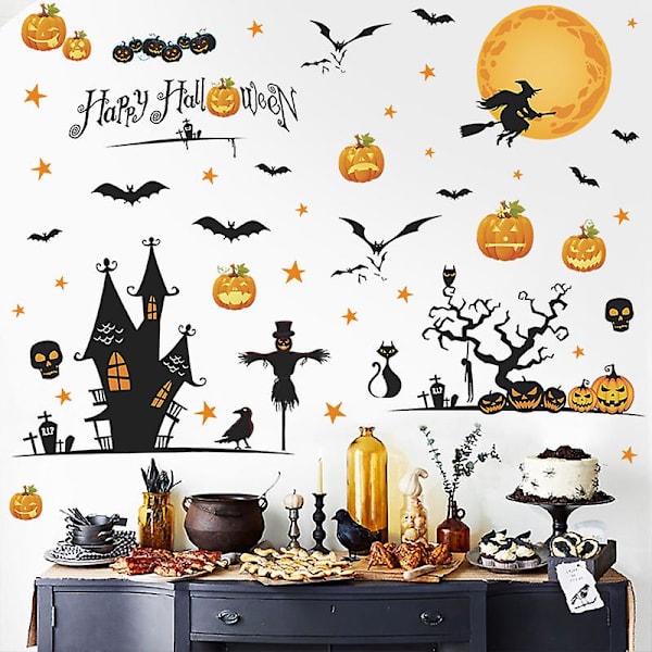 3D Halloween-ikkunatarrat seinätarrat, linnan kurpitsa noita Halloween-seinätarrat, Halloween-seinäkoriste pelottavat koristeet makuuhuoneeseen, Halloween Wi