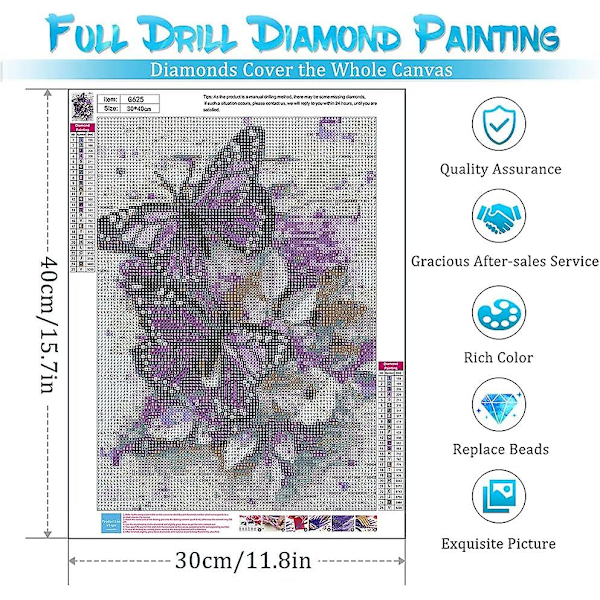 6-pack Diamantmålningskit - Kit för vuxna, barn, nybörjare, DIY Fjäril Kolibri Blommor Diamantmålningspaket Hem Väggdekor 30x40cm