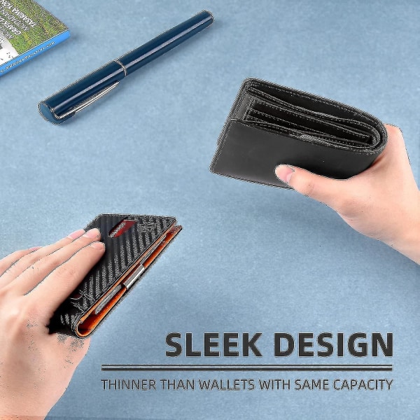 Slim lommebok for menn med stor kapasitet 12 spor Rfid-blokkerende karbonfiber svart + oransje