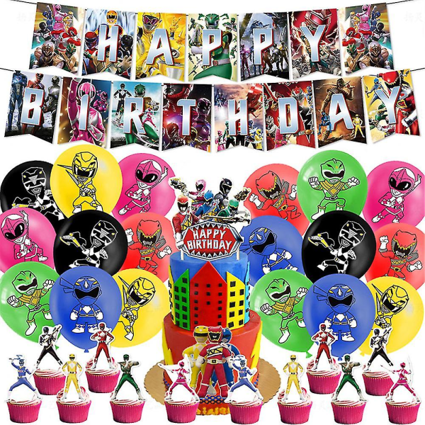 Power Rangers Tema Grattis på födelsedagen Party Dekoration Set, Inklusive banderoll, Cake Cupcake Toppers, Ballonger Kit, Barn Pojkar Flickor Festtillbehör
