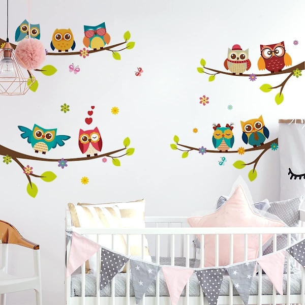 Väggdekaler för barn 9 ugglor på grenar I träd blommor fågel fjärilar dekaler I väggdekal för barnrum baby pojke flicka plantskola fönster
