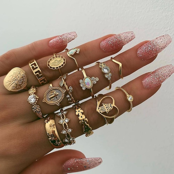 WABJTAMGolden Crystal Knuckle Rings - Stabelbare Hul Knuckle Rings - Vintage Ringsæt til kvinder og piger