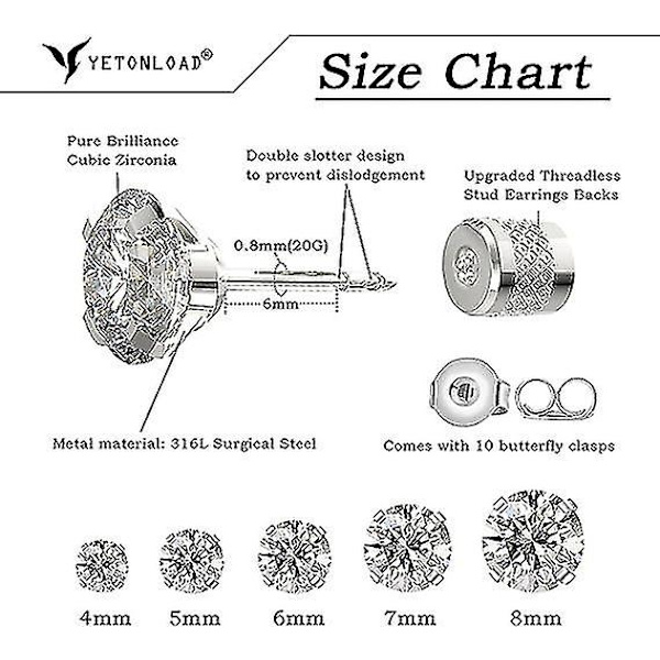 Hypoallergen kirurgisk stål cubic zirconia øreringe studs sæt multi-pakke, Cz stud øreringe til mænd 5 par 4-8mm,shznv