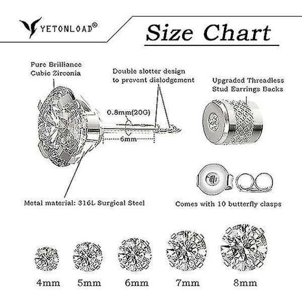 Kvinners allergivenlige rustfritt stål kubisk zirkonia ørepynt stud sett multipakning, Cz stud ørepynt for menn 5 par 4-8mm,shznv