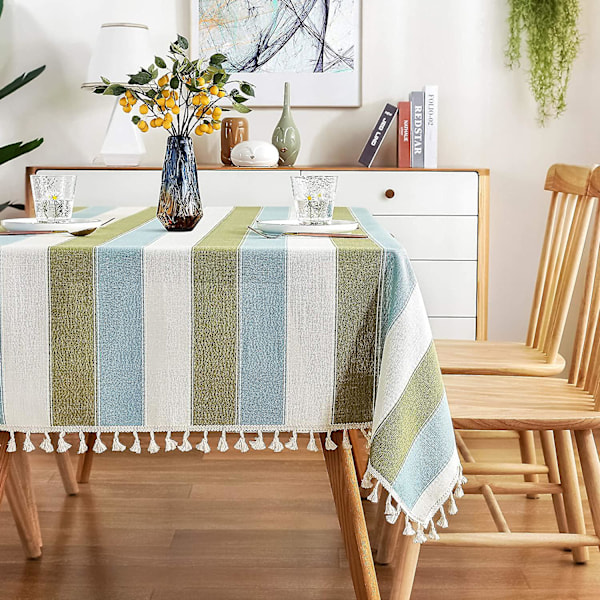 Randig Duk med Toppar, Sydd Rektangulär Bordsduk i Bomull och Linne, Bordsöverdrag för Kök och Matbord, 137 x 178 cm Grön