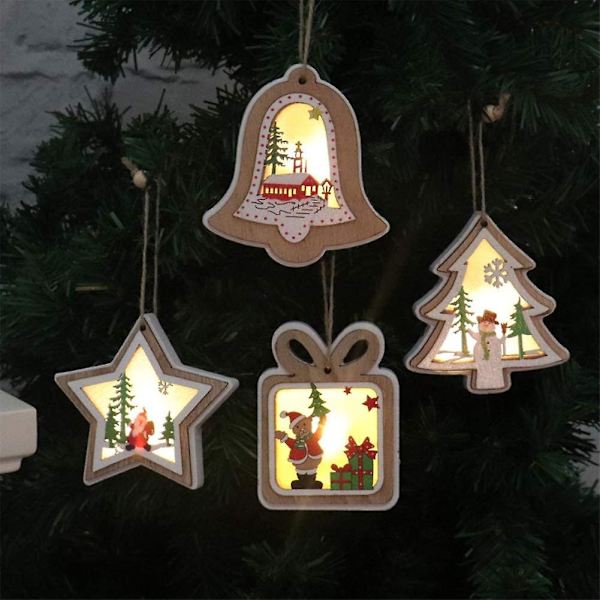 Paket med 4 LED-julkulor i trä, julgransdekoration i trä, julgransdekoration