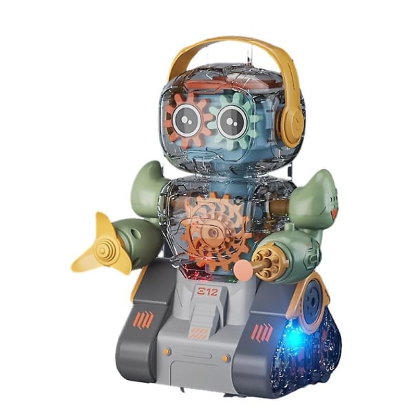 Childrens Technology Mecha Boys Electric Universal Robot Transparent Gear Light Music Bälte Ejection Toy Present（grön）