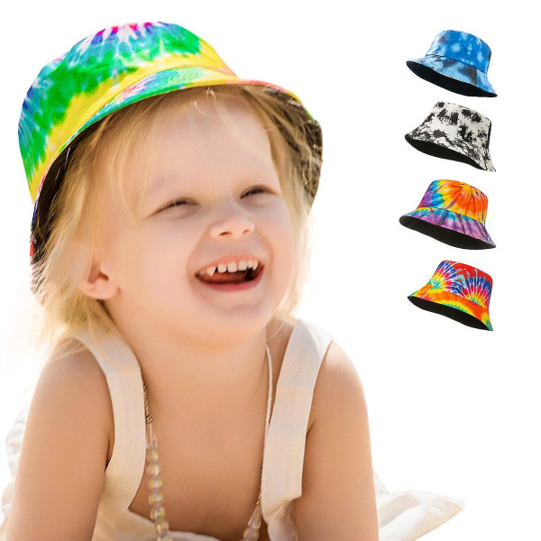2-5 år gammel pustende bøttehatt tie-farget barnebøttehatt solbeskyttelse babysolhatt（E）
