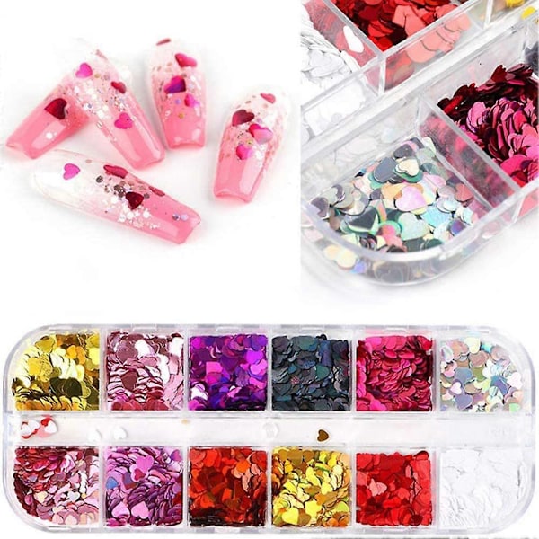12 Färger Hjärta Holografisk Nagelglitter Sekvens Tillbehör Färgglada 3D Nagelflingor Pulver UV Gellack Akryl Design för Kvinnor Flickor Manikyr Tips