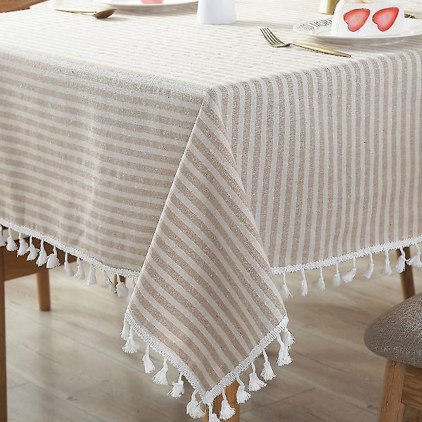 Bomullslinne bordsduk randig tofs rektangulär bordsduk dammsäker bordsduk för kök matbord dekoration (140cm X 180cm, beige)