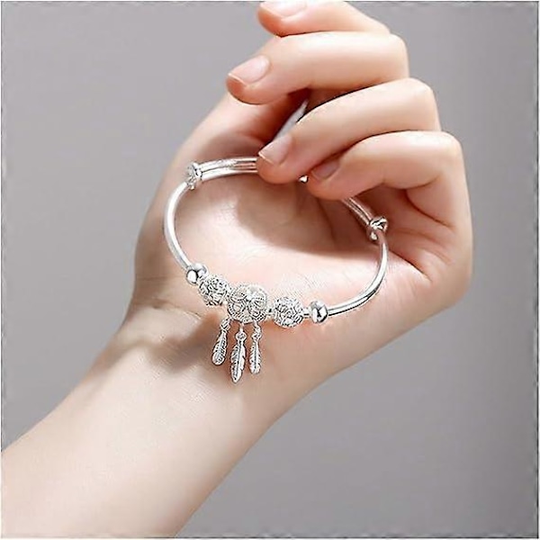 Damarmband Justerbart 925 Sterling Silver Drömfångare Tofs Fjäder Rund Pärla Charm Armband Bangel För Kvinnor Elegant Smycke Välgjort