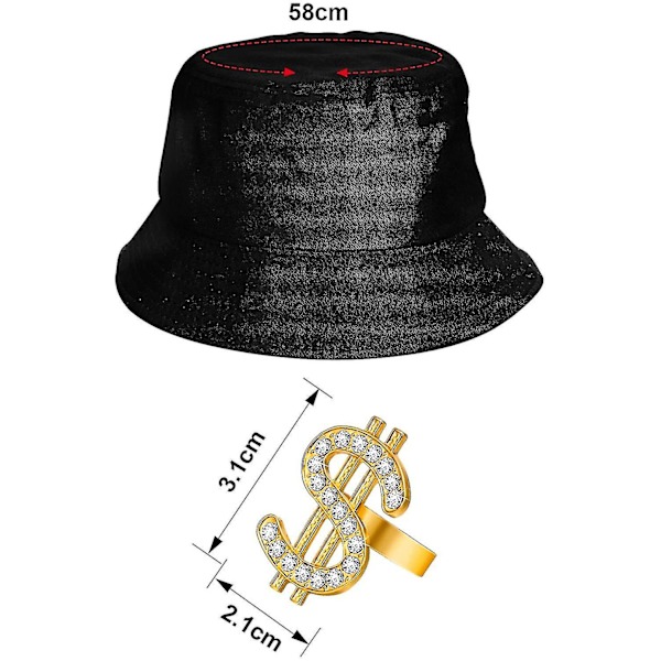 Hiphop-kostymset, med hink, solglasögon, guldkedja, ring, 80-tals/90-tals rappare accessoarer
