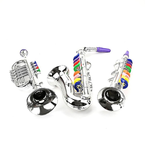 3 stk. Børnemusikinstrumenter Legetøjsklarinet, saxofon Trompet, blæse- og messingmusikinstrumenter Com（Sølv）