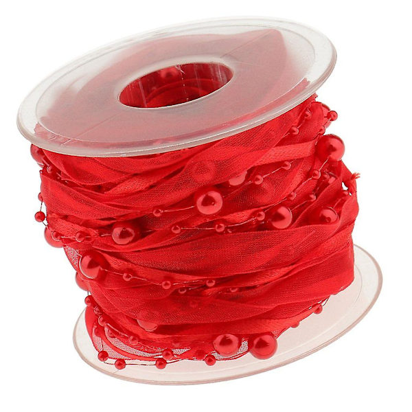 10 M konstgjord pärlband, chiffongband och organza spetsband för bröllopsblommor, julgransdekoration, sömnad, hantverksförpackning（röd）