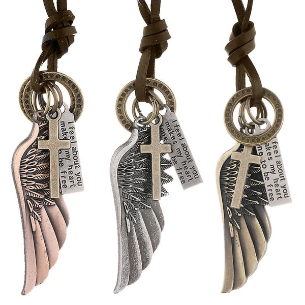 Wabjtam Retro Style Angel Wing Anheng Unisex Halskjede For Menn For Kvinner Med Justerbar Lærsnor-3stk