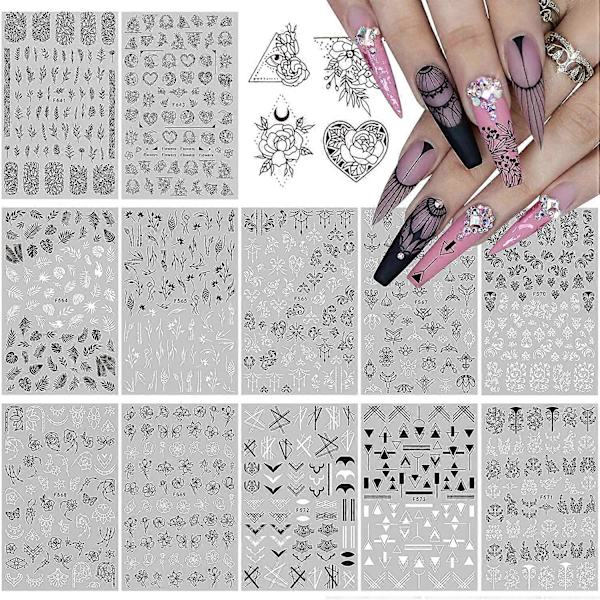 12 Ark Svart Vita Nagelkonst Dekaler, Blad Retro Blomma Vinranka Mönster Dekaler Fransk Klassisk Enkel Självhäftande Dekaler, för Flickor Kvinnor Naglar Konst D