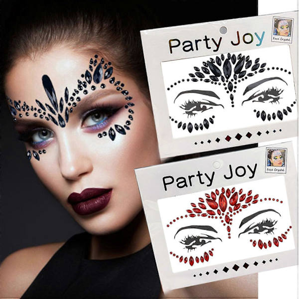 2 st, Ögon Kropp Ansikte Pärlor Röda och Svarta Strass Tatuering Dekaler för Halloween Makeup Självhäftande Kristall Makeup Diamanter Ansikte Tatuering Dekal