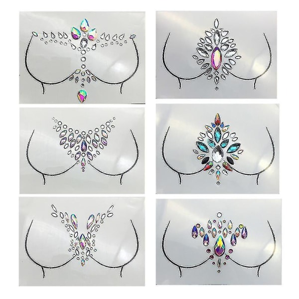 6 ark skinnende rhinestone klistermærker brystpastaer Body Art Decals Festindretning til kvinder