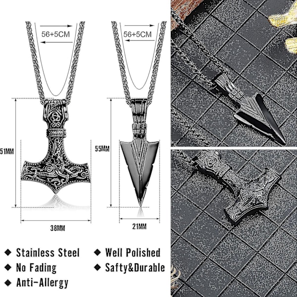 2 kpl kaulakorua miesten viikinkien ruostumattomasta teräksestä valmistettu Thorin vasaran kolmiokulho riipus miehille 61 cm:n koriketjulla mustaksi päällystetty ruostumattomasta teräksestä valmistetut kaulakorut viikinki J