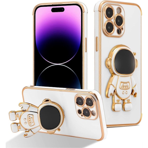 Kompatibel med iPhone 14 Pro (6.1\") Skal med Söt Astronaut Stativdesign Stötsäker Plätering Telefonskal för iPhone 14 Pro - Vit