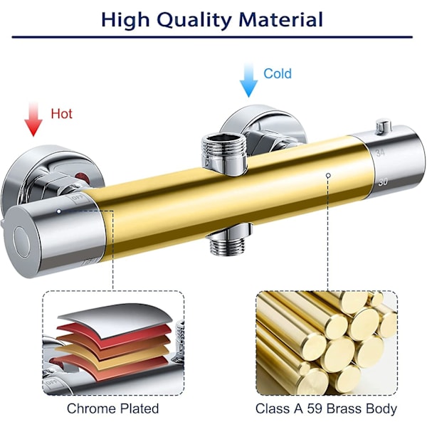 Blandare Termostatisk Dusch 2 Uttag, Mässings Dusch Termostatisk Kran, Dubbel Duschblandare Högt Utlopp G3/4 Bsp (26,4 Mm) + Lågt G1/2 \"bsp (21 Mm)