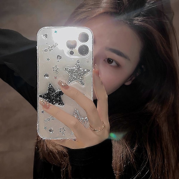 iPhone 13 Pro Max-fodral Bling Stars 3D Hjärtan Diamant Glittrande Stjärna Glitter Y2K Spark Lyxig Flickig Estetisk Personlig Design för Kvinnor