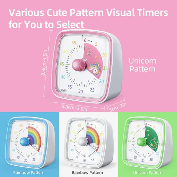 60-minutters visuel timer med natlys, nedtællingstimer til klasseværelse, hjem, køkken, kontor, Pomodoro-timer med regnbuemønster (lyserød)