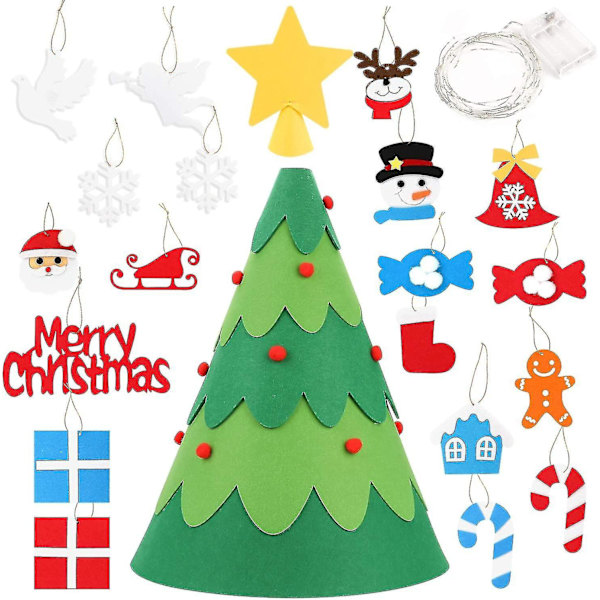 Filttall julgran DIY julgran med ornament strängljus för barn
