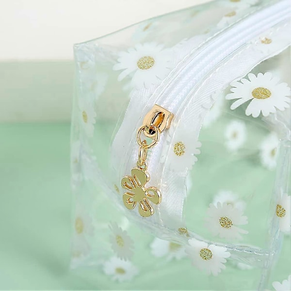 Transparent Daisy Sminkväska Blommig Kosmetikväska Reseväska Toalettartiklar Förvaringsväska Pennfodral för Kvinnor Flickor Vit