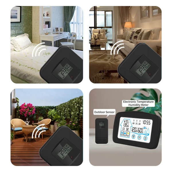 Inomhus- och utomhushygrometertermometer med Time Backlight LCD-skärm Desktop Elektroniska temperatur- och luftfuktighetsmätare för växthuskällare