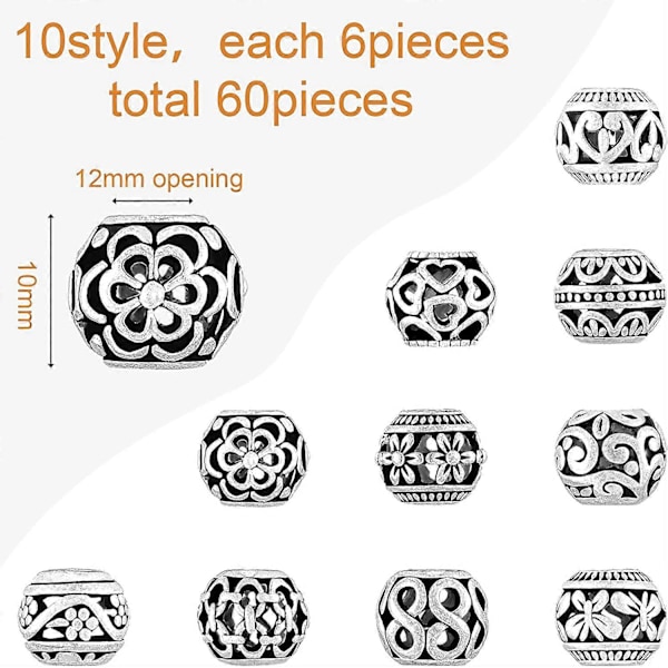 40 stycken silverfärgade distanspärlor, ihåliga filigranpärlor, tibetanska pärlor, legeringspärlor, distanspärlor, 12 mm små metallpärlor för livsdesign, DIY-smyckestillverkning