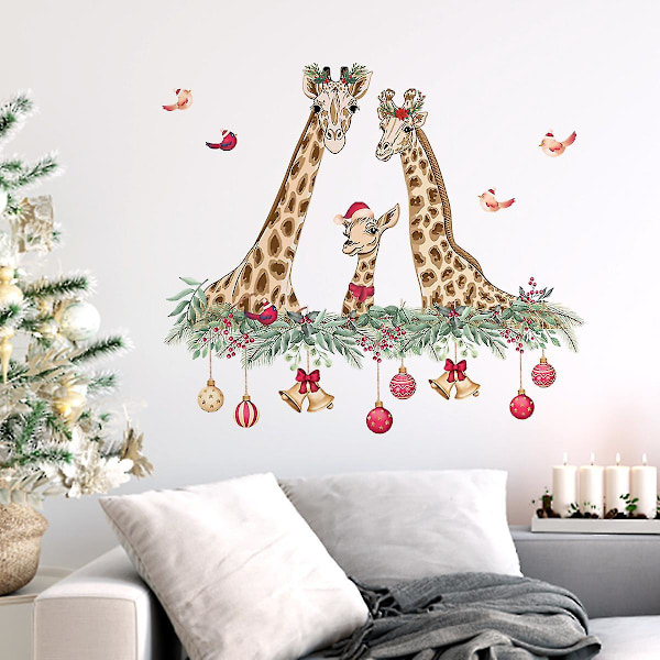 1set Christmas Wall Decal, Giraffe Bell Xmas Wall Sticker Removable, Diy Window Clings