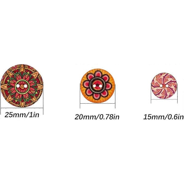 100 st Blandade Slumpmässiga Blommiga Rundformade Trämönsterknappar i Retro Stil, Assorterade Färger för Sömnad, Hantverk, DIY (15mm, 20mm, 25mm)