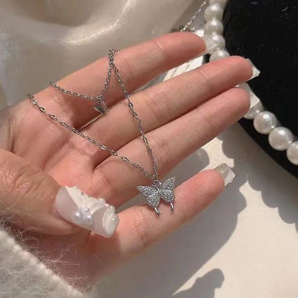 Silver Butterfly Cubic Zircon Crystal hänge halsband nyckelben kedja kvinnor
