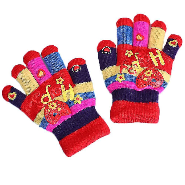 Børnehandsker Vinterstrikkede Farverige Handsker Fuldfingerhandsker Elastiske varme handsker til drenge og piger 1 par（Røde）