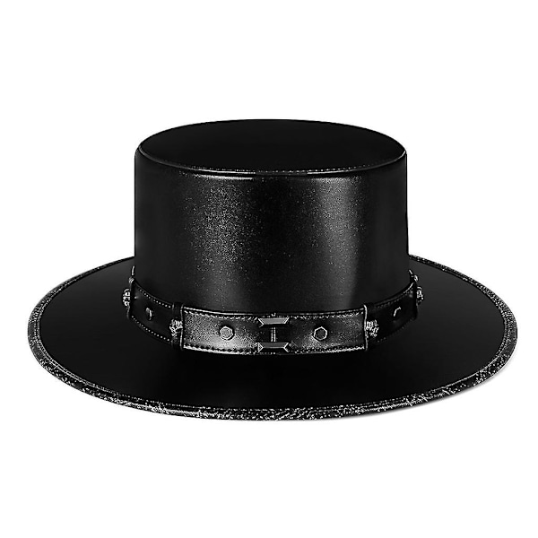 Steampunk Pestensläktarehatt Topphatt PU Läder Svart Platt Topphatt För Halloween Cosplay Kostym Rekvisita Klä Upp Festtillbehör