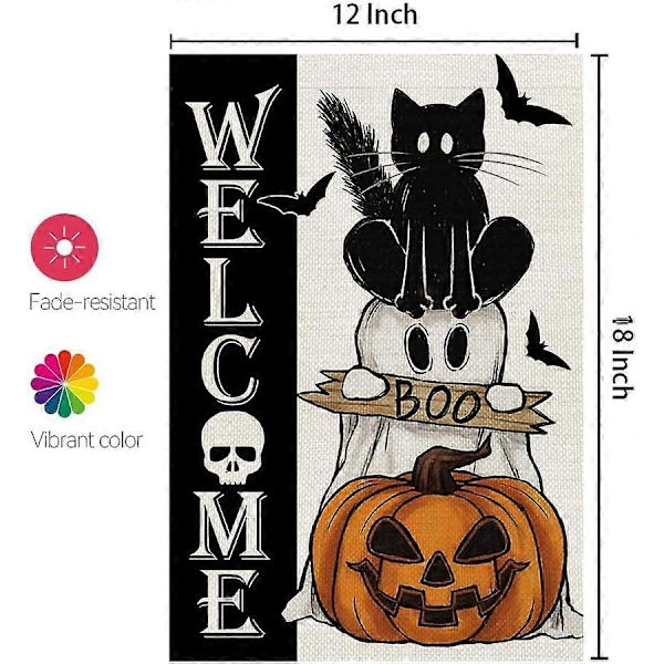 Halloween Spöke Katt Boo Trädgårdsflagga 12x18 Tum Liten Dubbelsidig Burlap Välkommen Säsongsbetonad Semestergård Utomhus