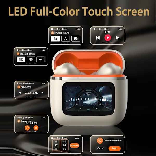 Bluetooth-kuulokkeet HiFi Stereo, LED Smart Touch Screen -kuulokkeet, ANC-melunvaimennuskuulokkeet mikrofonilla, korvakaiuttimet iOS/Androidille (samppanja)