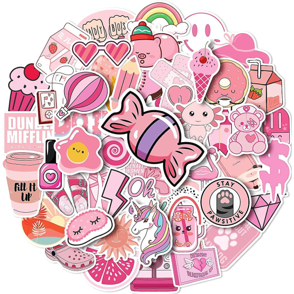 Rosa söta estetiska klistermärken: 100 st Kawaii-klistermärken för tonårsflickor och damer, vattentäta vinylklistermärken för vattenflaskor och bärbar dator
