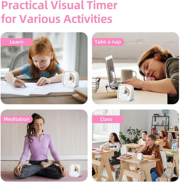 60-minutters visuel timer med natlys, nedtællingstimer til klasseværelse, hjem, køkken, kontor, Pomodoro-timer med regnbuemønster (lyserød)
