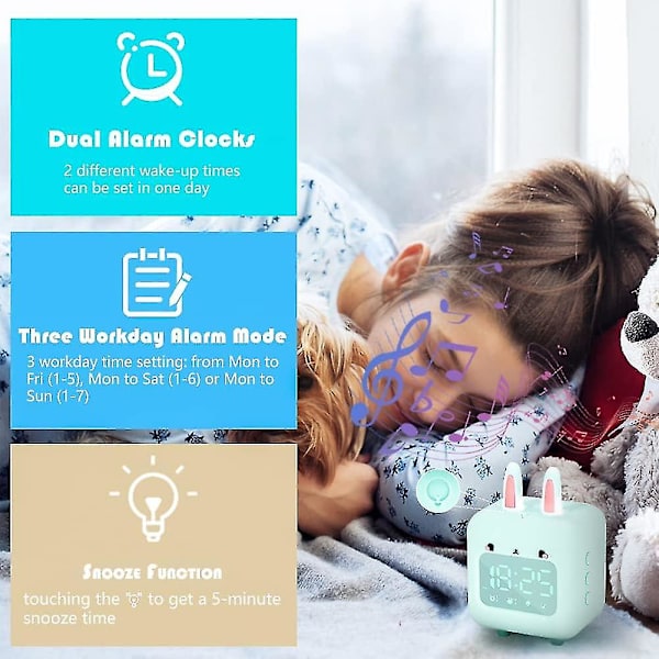(grøn) Vækkeur til børn, digitalt ur med natlys, timer og snooze-funktion, genopladeligt nattelys via USB, egnet til