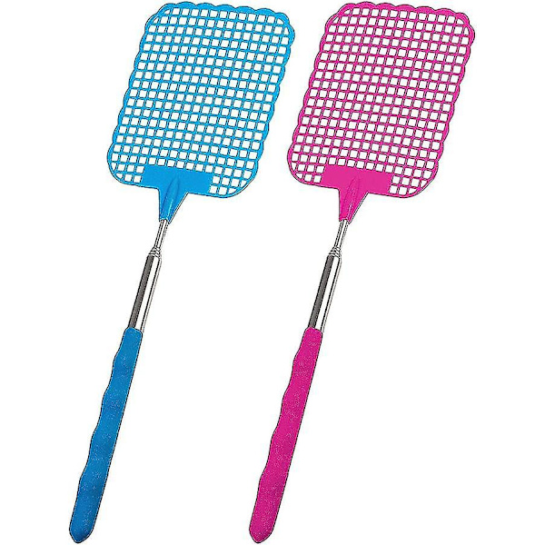 Set med 2 hopfällbara teleskopiska flugsmällare 26 cm - 72 cm längd blå och rosa