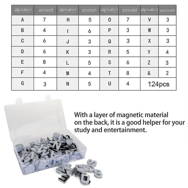 124 stk. Køleskab magnetiske bogstaver gavesæt sort alfabet magneter med bæreæske (hvid)