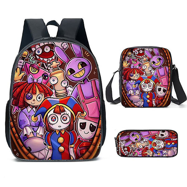 Fantastiska digitala cirkus digitala cirkusskola ryggsäck tredelad set crossbody väska enkelsidig pennfodral（Ryggsäck，19）