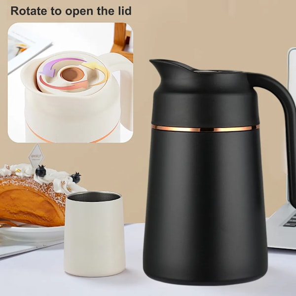 1,3L Termoskanna i Rostfritt Stål Dubbelväggig Vakuumisolerad Kaffebehållare 22 x 13 cm, (Svart)